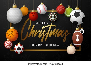 Sport christmas sale banner. Christmas card with sport baseball, basketball, football, tennis balls hang on a thread on black modern background. Vector illustration. Place for your text