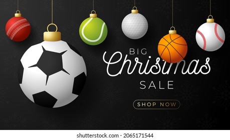 Sport christmas sale banner. Christmas card with sport baseball, basketball, football, tennis balls hang on a thread on black modern background. Vector illustration. Place for your text