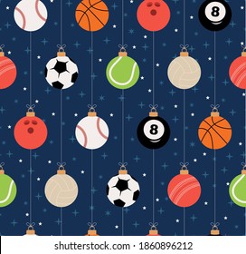 Sport Christmas seamless pattern. Christmas pattern with sport baseball, basketball, football, tennis, cricket, soccer, volleyball, bowling, billiard balls hang on a thread. Vector illustration.