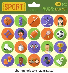 Sport circle icon set. Long shadow flat design. Vector illustration.