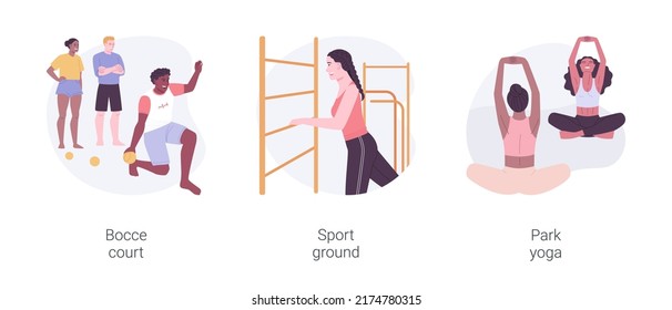 Sport in the city park isolated cartoon vector illustrations set. Bocce court, sport ground workout equipment, park yoga, urban healthy lifestyle, doing exercises outdoors vector cartoon.