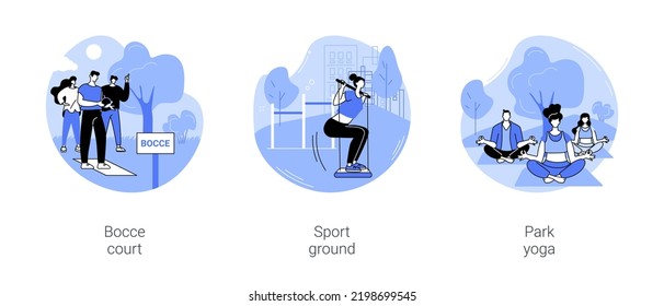 Sport in the city park isolated cartoon vector illustrations set. Bocce court, sport ground workout equipment, park yoga, urban healthy lifestyle, doing exercises outdoors vector cartoon.