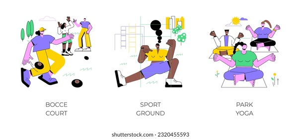 Sport in the city park isolated cartoon vector illustrations set. Bocce court, sport ground workout equipment, park yoga, urban healthy lifestyle, doing exercises outdoors vector cartoon.