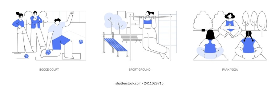 Sport in the city park isolated cartoon vector illustrations set. Bocce court, sport ground workout equipment, park yoga, urban healthy lifestyle, doing exercises outdoors vector cartoon.