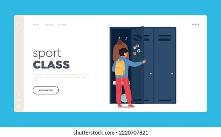 Sport Class Landing Page Template. Little Boy Standing near the Locker Rear View. Schoolboy Character Open Door to Change Clothes in School Sports Room or Corridor. Cartoon People Vector Illustration