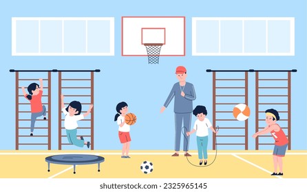 Sport class, teacher and fitness education, gymnastics and jumping. Student athletes, kids play ball. Physical lesson in gym, recent vector scene