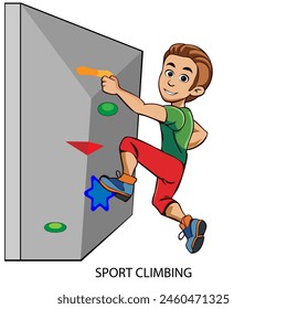 Deporte de escalada atleta aislado sobre fondo blanco en estilo de dibujos animados. Juegos de verano 2024. Ilustración vectorial