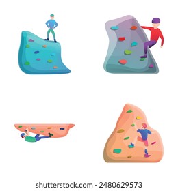 Sport climbing icons set cartoon vector. Climber moving up an artificial wall. Extreme sport, bouldering