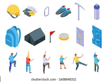 Sport climbing icons set. Isometric set of sport climbing vector icons for web design isolated on white background