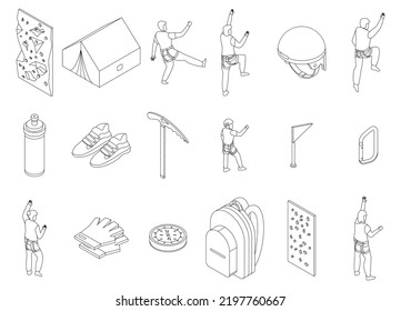 Sport climbing icons set. Isometric set of sport climbing vector icons outline thin lne isolated on white