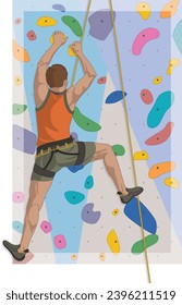 sport climbing male climber scaling indoor artificial rock wall in the background