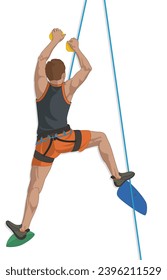 sport climbing male climber scaling indoor artificial rock wall isolated on a white background