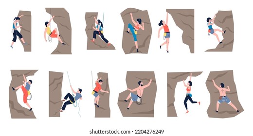 Sport climbing people. Young female and male rocking, extreem heights. Climber training, adventure in rocks or mountain. Recent hobby vector characters