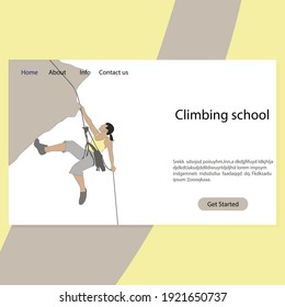 Sport Climbing School Landing Page, Extreme Guide. Mountaineering Service Website, Hanf On Cliff, Study Climber To Mountain Illustration