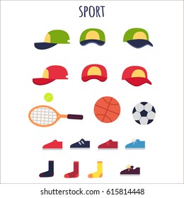 Sport clothes and equipments vector collection. Poster of green and red caps with yellow sport in poses, tennis rocket and ball, basketball and football round elements, colorful shoes and socks