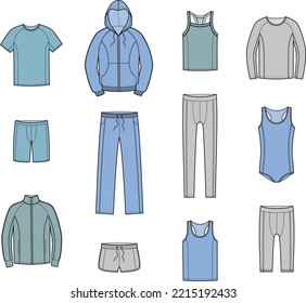 Juego de ropa deportiva para hombres. Chaqueta encapuchada, pantalones, camiseta, piernas, traje de baño, pantalones cortos de ciclismo, chaqueta en la cremallera, saltador, correa, soltero. Ilustración vectorial.   