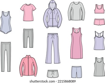 Ropa deportiva femenina. Chaqueta encapuchada, pantalones, camiseta, piernas, pantalones cortos de ciclismo, chaqueta en la cremallera, traje de baño, vestido de top de tanque, saltador, correa, soltero, ropa interior. Ilustración vectorial.   