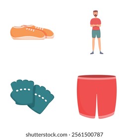 Sport clothes icons set cartoon vector. Man casual cloth for fitness training. Healthy lifestyle