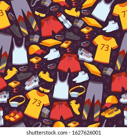 Sport clothes in seamless pattern, vector illustration. Flat style icons of fitness outfit for running, training and workout in gym. T-shirt, leggings, shorts, sneakers and hat for active runners