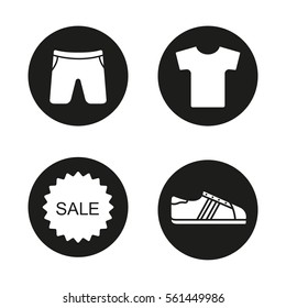 Sport clothes store sale icons set. T-shirt, shorts, sneaker, sale sticker. Vector white silhouettes illustrations in black circles