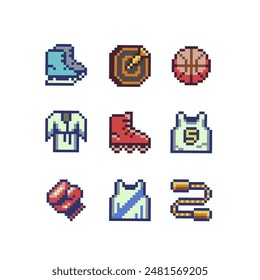 Sport clothing and equipment pixel art style icons set, emoji. 8-bit sprite. Design for logo game, sticker, web, mobile app, badges and patches. Isolated vector illustration. Game assets.