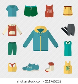 Sport clothing icons set. Fitness wear. Flat style vector illustration.