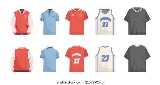 Sport clothing set. Apparel for sport activity: basketball jersey, football bomber, soccer and polo shirt. Unisex clothes front and back view. Flat vector illustration