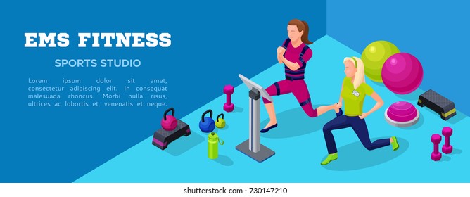 Sport club banner, ems fitness  studio with people doing electrical muscular workout, power exercises and sports equipment. Vector illustration