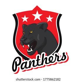 sport club emblem - Panther - black Panther on the background of a red shield with stars - logo for football, hockey, basketball, baseball club