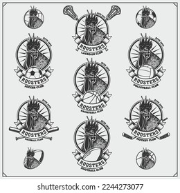 Sport club emblems, logos and labels with rooster. Print design for t-shirt.