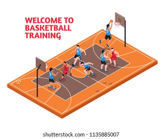 Sport club facility fields isometric advertisement poster with basketball players shooting scoring court domination training vector illustration 