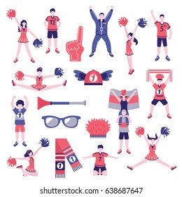 Sport club fans buffs cheerleaders supporters outfits clothing and accessoires flat icons collection isolated vector illustration