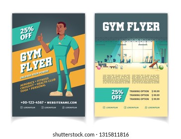 Sport club, fitness center, bodybuilding gym cartoon vector price off, discounts advertising flyer pages template. Modern gym interior with fitness equipment and couch shoving thumbs up illustration