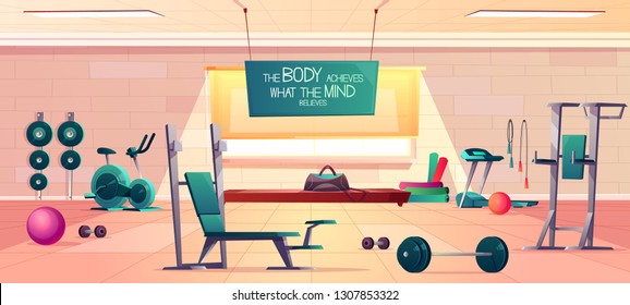 Sport club gym spacious interior cartoon vector with various fitness equipment and machines for body workout, exercise with weights and motivational slogan on signboard illustration. Healthy lifestyle