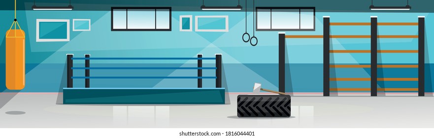 Sport club interior in flat style. Fight club with ring arena and sport equipment. Gym Vector illustration