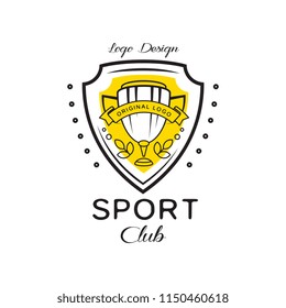 Sport club logo design, heraldic shield with winner cup, badge can be used for fitness club, sport school vector Illustration on a white background
