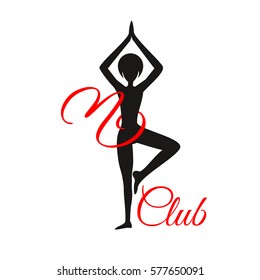 Sport club logo design template with woman silhouette in pose and om yoga sign, isolated element