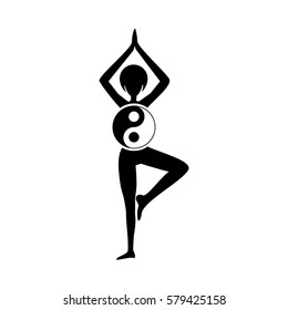 Sport club logo design template with woman silhouette in pose and om yoga sign, isolated element