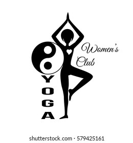 Sport club logo design template with woman silhouette in pose and om yoga sign, isolated element