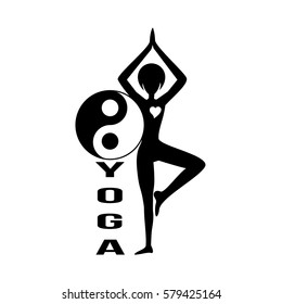 Sport club logo design template with woman silhouette in pose and om yoga sign, isolated element