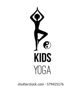 Sport club logo design template with kid silhouette in pose and om yoga sign, isolated element