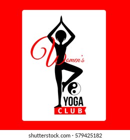 Sport club logo design template with woman silhouette in pose and om yoga sign, isolated element