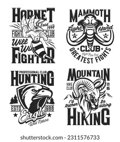 Sportclub Maskottchen und T-Shirt-Drucke. Kinderhornet, Mammoth, Adler und Bergschafram und Retro-Typografie auf Kämpfen, Jagd- und Wanderklub, Vektorsymbol oder Bekleidungs-Sonderdruck