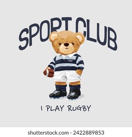 eslogan del club deportivo con muñeca de oso rugby, ilustración vectorial de mano