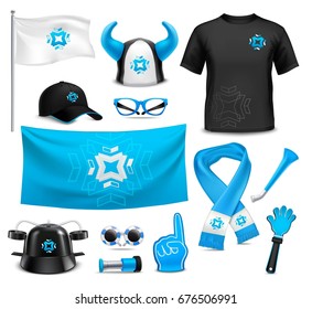 Sport club team supporters identity accessories realistic images collection with flag cap glasses waving hand vector illustration 
