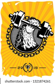 Sport club vintage poster with dumbell. Retro gym emblem with animal paw. Vector style t-shirt print.