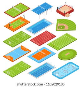 Sport clubs football soccer fields isometric icons collection with basketball tennis courts boxing ring swimming pool vector illustration 