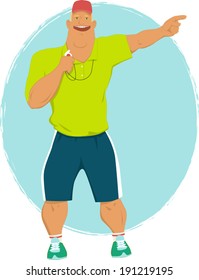 Sport Coach. Energetic Muscular Caucasian Male In Athletic Clothes And With A Whistle, Vector Illustration