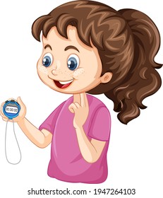 Sport coach girl holding a timer cartoon character illustration