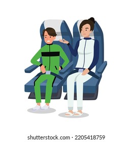 Sport Coach And Her Athlete Communicating In A Plane Seat. Positive Communication Of Multinational Friends. People Conversation. Flat Vector Illustration Isolated On White Background